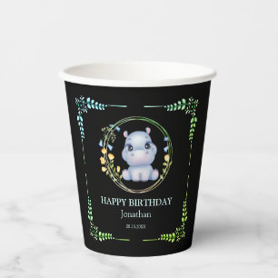 Gobelets En Papier Cute Hippopotamus Fleur Wreath Anniversaire Noir