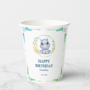 Gobelets En Papier Cute Hippopotamus Fleur Wreath Joyeux Anniversaire