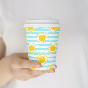 Gobelets En Papier Cute Jaune Soleil Rayures Été Bleu & Blanc