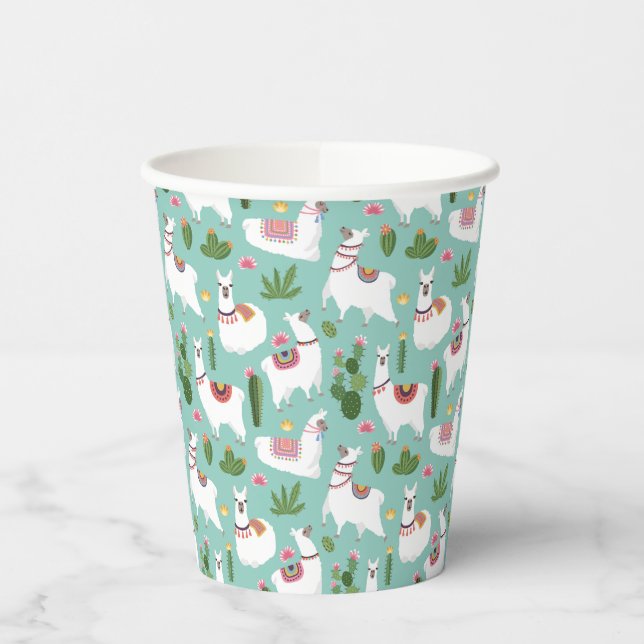 Gobelets En Papier Cute Llamas Sur Motif Turquoise (Gauche)