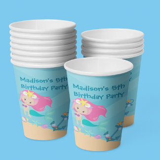 Gobelets En Papier Cute Mermaid Girl Beach Personnalisé Enfant fête d