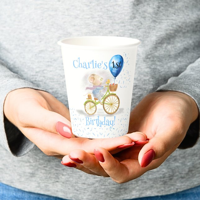 Gobelets En Papier Cute Mouse Animal Bicyclette garçon 1er anniversai (Cute Mouse Animal Riding Vintage Bicycle & 1st Birthday Party Balloon, Boy Invitation party cups)