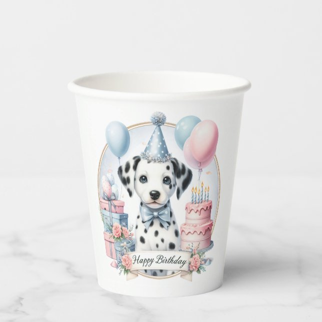 Gobelets En Papier Cute Pastel Chiot Dalmatien - Anniversaire (Recto)
