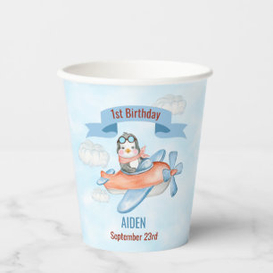 Gobelets En Papier Cute Penguin Avion Bleu 1er anniversaire