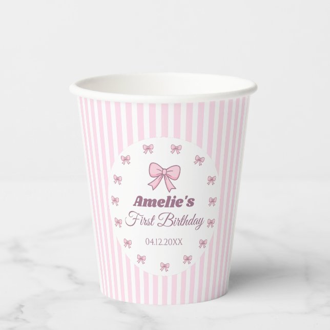 Gobelets En Papier Cute Pink Bow First Birthday  (Recto)
