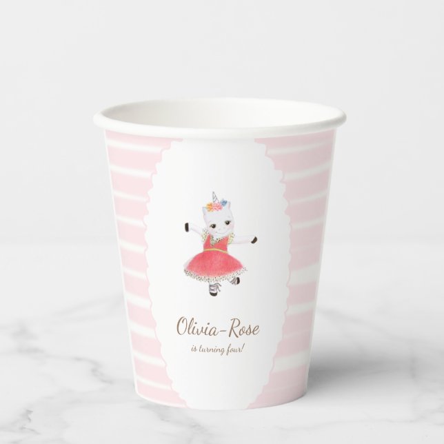 Gobelets En Papier Cute Pink Dancing Ballerina Unicorn Birthday (Recto)