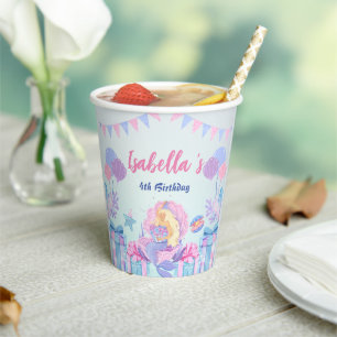 Gobelets En Papier Cute Sirène Arc-en-ciel Aquarelle fête d'anniversa