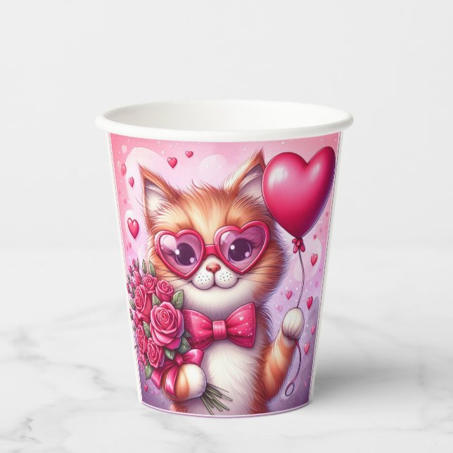 Gobelets En Papier Cute Valentine's day cat/chaton (Recto)