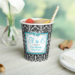 Gobelets En Papier Damas Noir, Turquoise Deux Coeurs, Un Amour