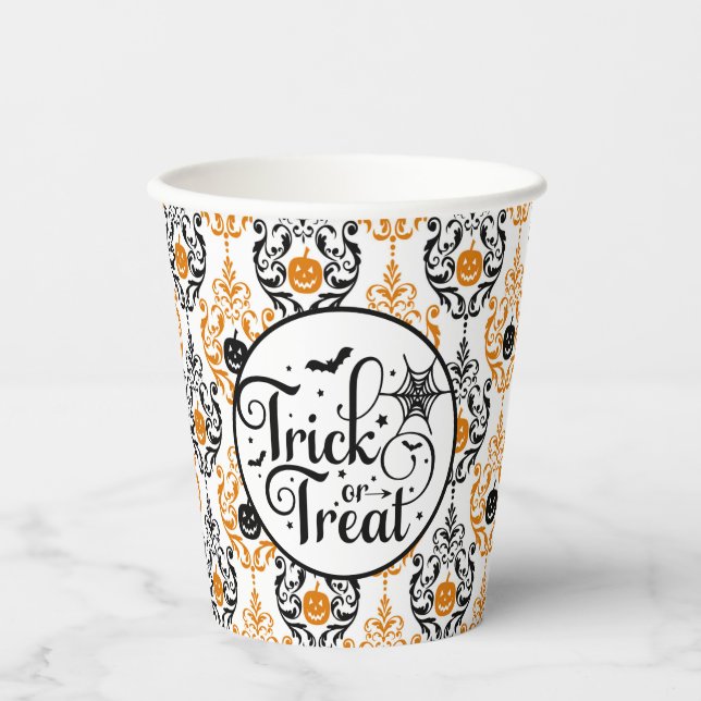 Gobelets En Papier Damask Glam Citrouille | Tricoter ou traiter (Recto)