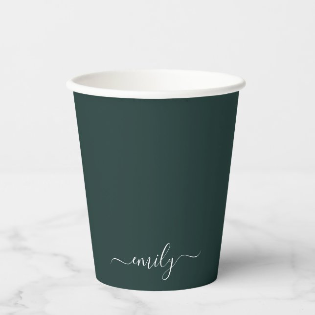 Gobelets En Papier Dark Green Modern Script Nom du monogramme (Recto)