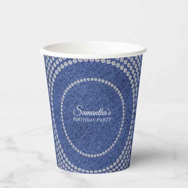 Gobelets En Papier Denim et Diamonds Blue Jeans Bling Anniversaire (Recto)