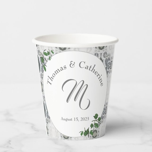 Gobelets En Papier Dentelle blanche et Feuilles Roses (Recto)