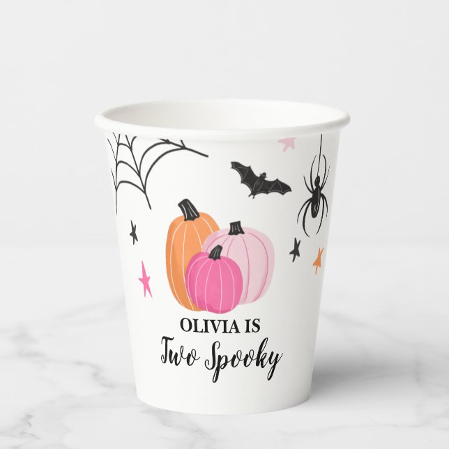 Gobelets En Papier Deux Éffrayants Halloween PINK Citrouilles Anniver (Recto)