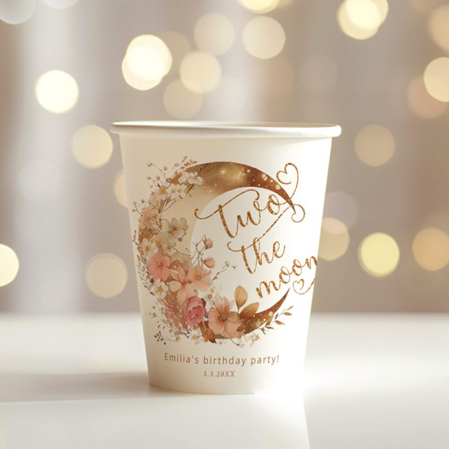 Gobelets En Papier Deux la lune fille 2ème fête d'anniversaire (Créateur téléchargé)
