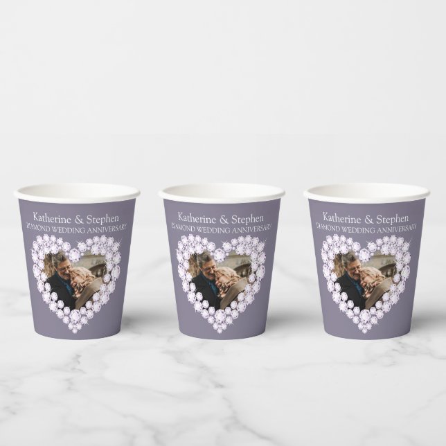 Gobelets En Papier Diamond mariage anniversaire 60e photo gris (Multi)