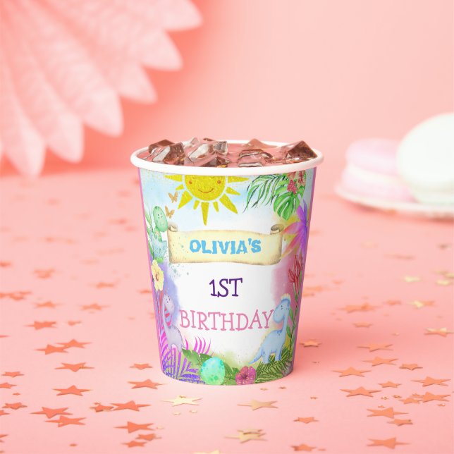 Gobelets En Papier Dinosaur Filles Parties scintillant Florale Annive (Insitu)