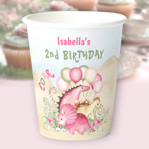 Gobelets En Papier Dinosaur Pink Pastel Cute Floral Girl Anniversaire