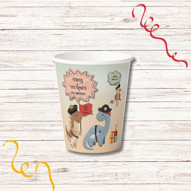 Gobelets En Papier Dinosaur Pirate Anniversaire Fête Jumeaux Personna (Dinosaur Pirate Twins Birthday Party paper cups featuring TRex & Brontosaurus dinos in Pirate gear.)