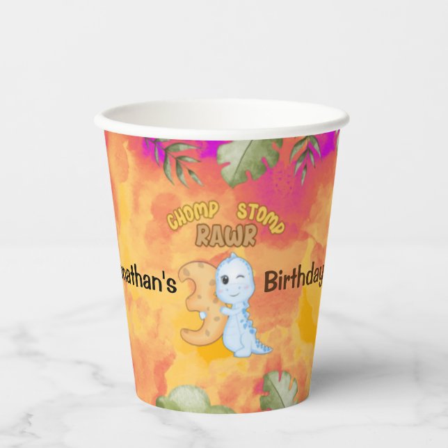 Gobelets En Papier Dinosaur Stomp Chomp Rawr 3e anniversaire fête (Recto)