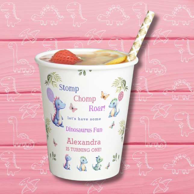 Gobelets En Papier Dinosaure fille rose mignonne 1er anniversaire (Créateur téléchargé)