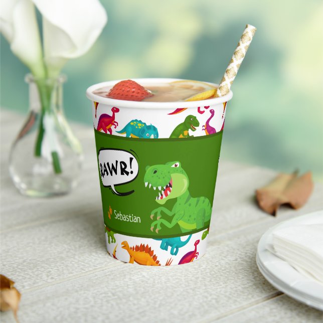 Gobelets En Papier Dinosaure Motif avec le nom T-Rex fête d'anniversa (Insitu)