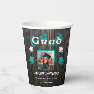 Gobelets En Papier Diplômé 2025 Teal Texte & Photo Flou