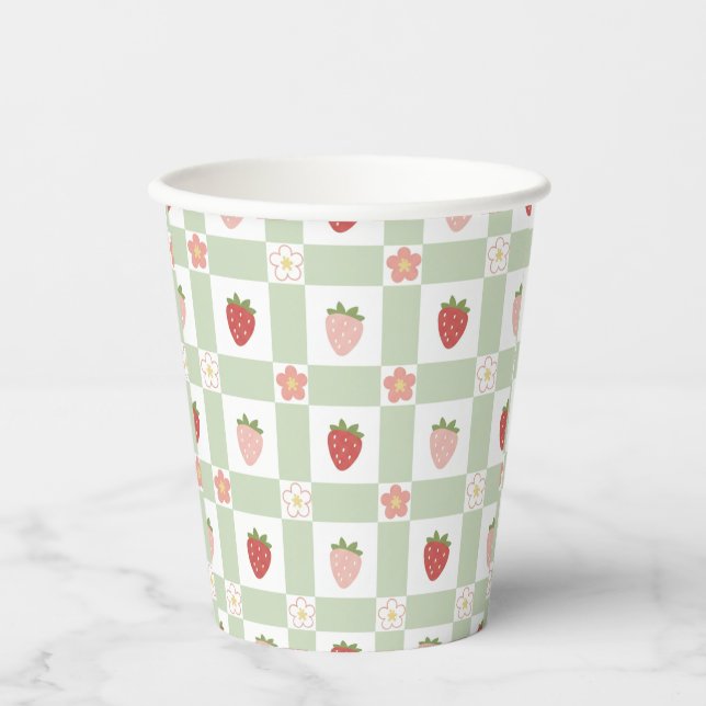 Gobelets En Papier Disposable Strawberry Gingham Pastel Green (Recto)