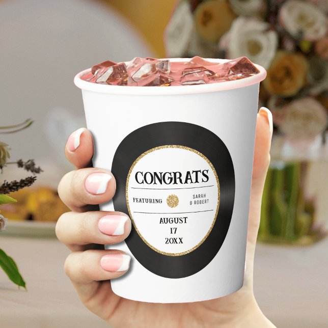 Gobelets En Papier Disque vinyle rétro or pailleté Félicitations Mari (Retro Gold Glitter Vinyl Record Congrats Wedding Paper Cups
)