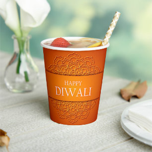 Gobelets En Papier Diwali Elegant Moderne Orange Jaune Mandala