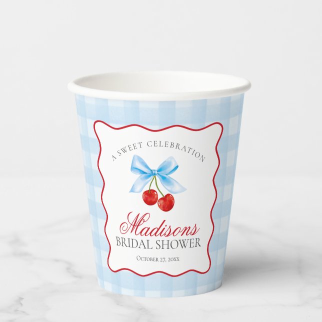 Gobelets En Papier Douce Cerise Bleue Coquette Gingham Mariage (Recto)