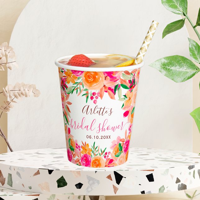 Gobelets En Papier Douce douche de mariée chic et audacieuse à l'aqua (Bold fall floral watercolor chic bridal shower paper cups)