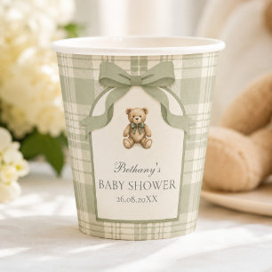 Gobelets En Papier Douce Fête de Naissance Ourson Gingham Vert Sauge