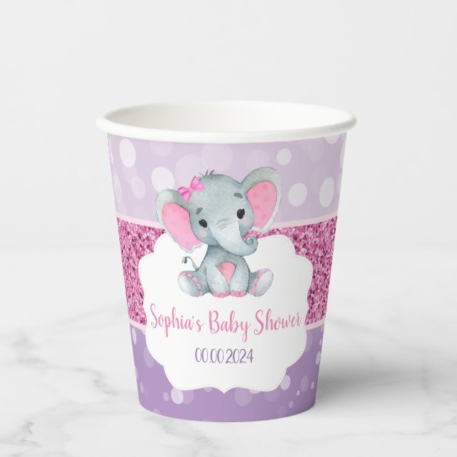 Gobelets En Papier Douche Eléphant Fille Coupes de papier rose pourpr (Recto)