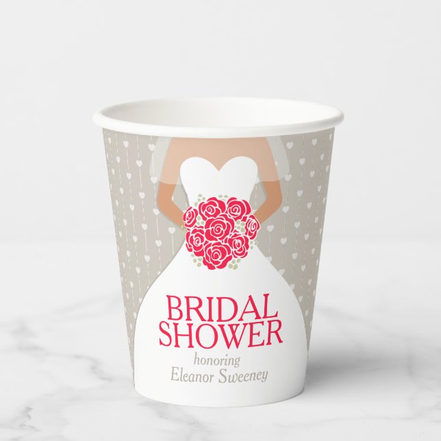 Gobelets En Papier Douche nuptiale mariage robe roses rouges (Recto)