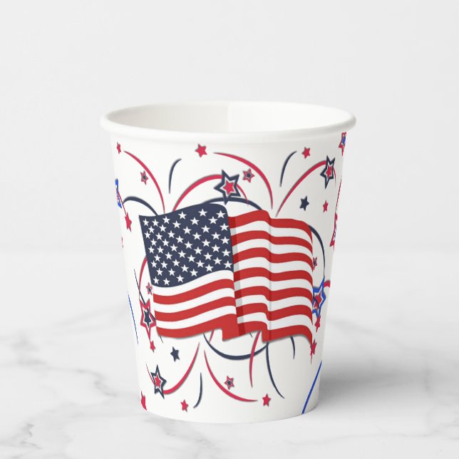 Gobelets En Papier Drapeau américain et feux d'artifice (Gauche)