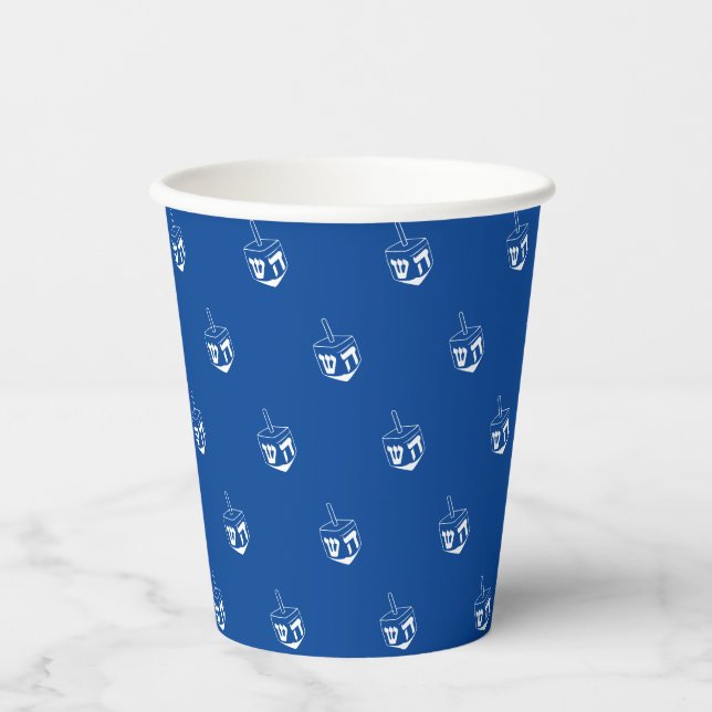 Gobelets En Papier Dreidel motif blanc et bleu Hanoukka parti (Recto)