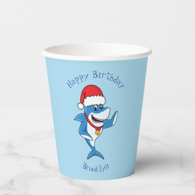 Gobelets En Papier Drôle dessin animé de requin de Noël (Recto)