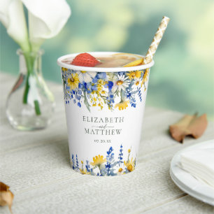 Gobelets En Papier Dusty bleu jaune Fleur sauvage Floral Boho Mariage