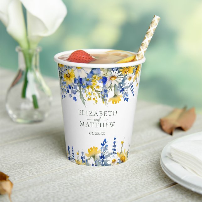 Gobelets En Papier Dusty bleu jaune Fleur sauvage Floral Boho Mariage (Insitu)
