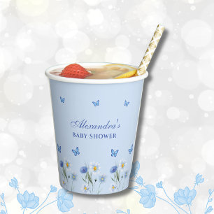 Gobelets En Papier Dusty Blue Butterfly Boho Baby shower Fleur sauvag