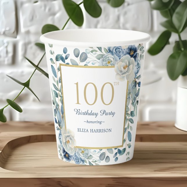 Gobelets En Papier Dusty Blue Floral 100e Anniversaire Coupe en papie (Créateur téléchargé)