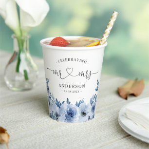 Gobelets En Papier Dusty Blue Floral Mr et Mrs Heart Script Mariage