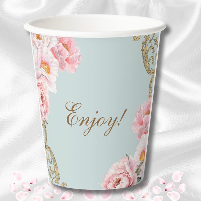 Gobelets En Papier Dusty Blue Foral Rococo Peony Fête des mariées (Créateur téléchargé)