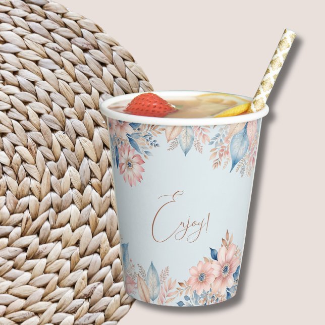 Gobelets En Papier Dusty Blue rose Floral Boho Chic Baby shower (Créateur téléchargé)