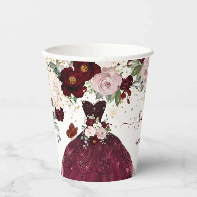 Gobelets En Papier Dusty rose bordeaux Fleurs rousses Quinceanera (Recto)