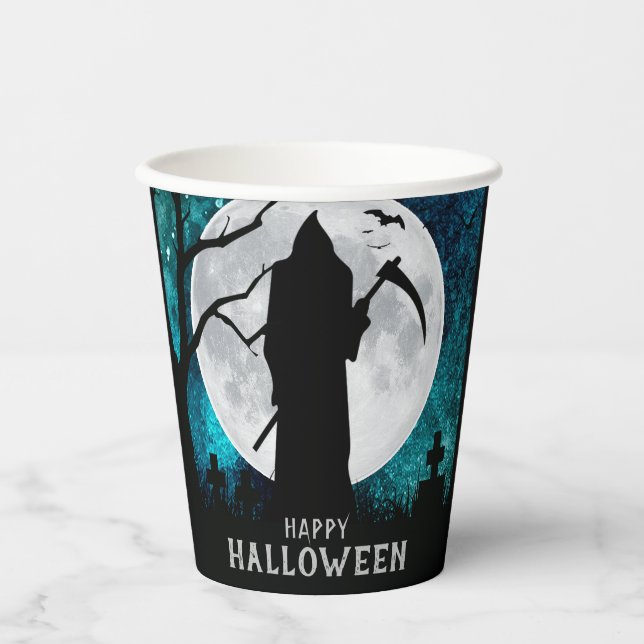 Gobelets En Papier Éffrayant Grim Reaper cimetière fête d'Halloween (Recto)