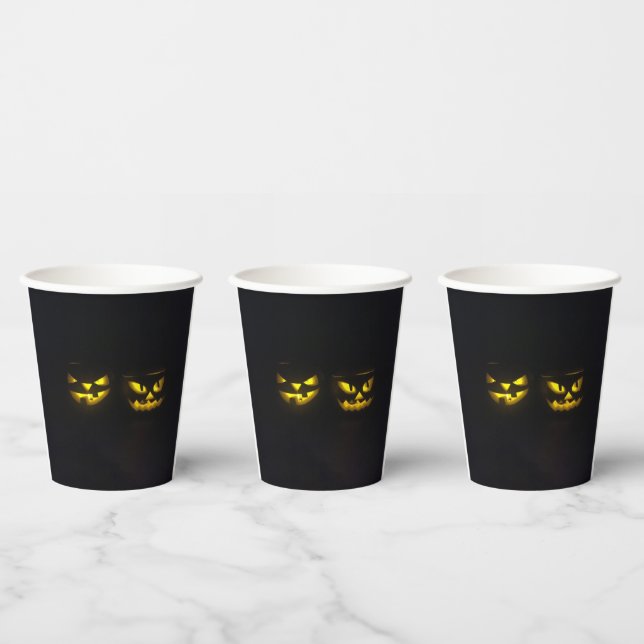Gobelets En Papier Éffrayant jaune citrouille face sur noir (Multi)