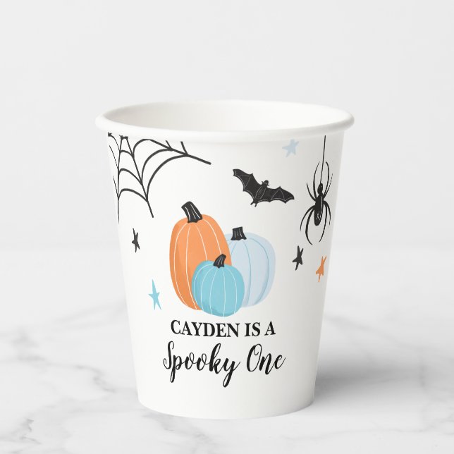 Gobelets En Papier Éffrayant Un Halloween bleu Citrouilles 1er annive (Recto)