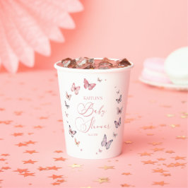 Gobelets En Papier Élégant Baby shower à papillon rose doux